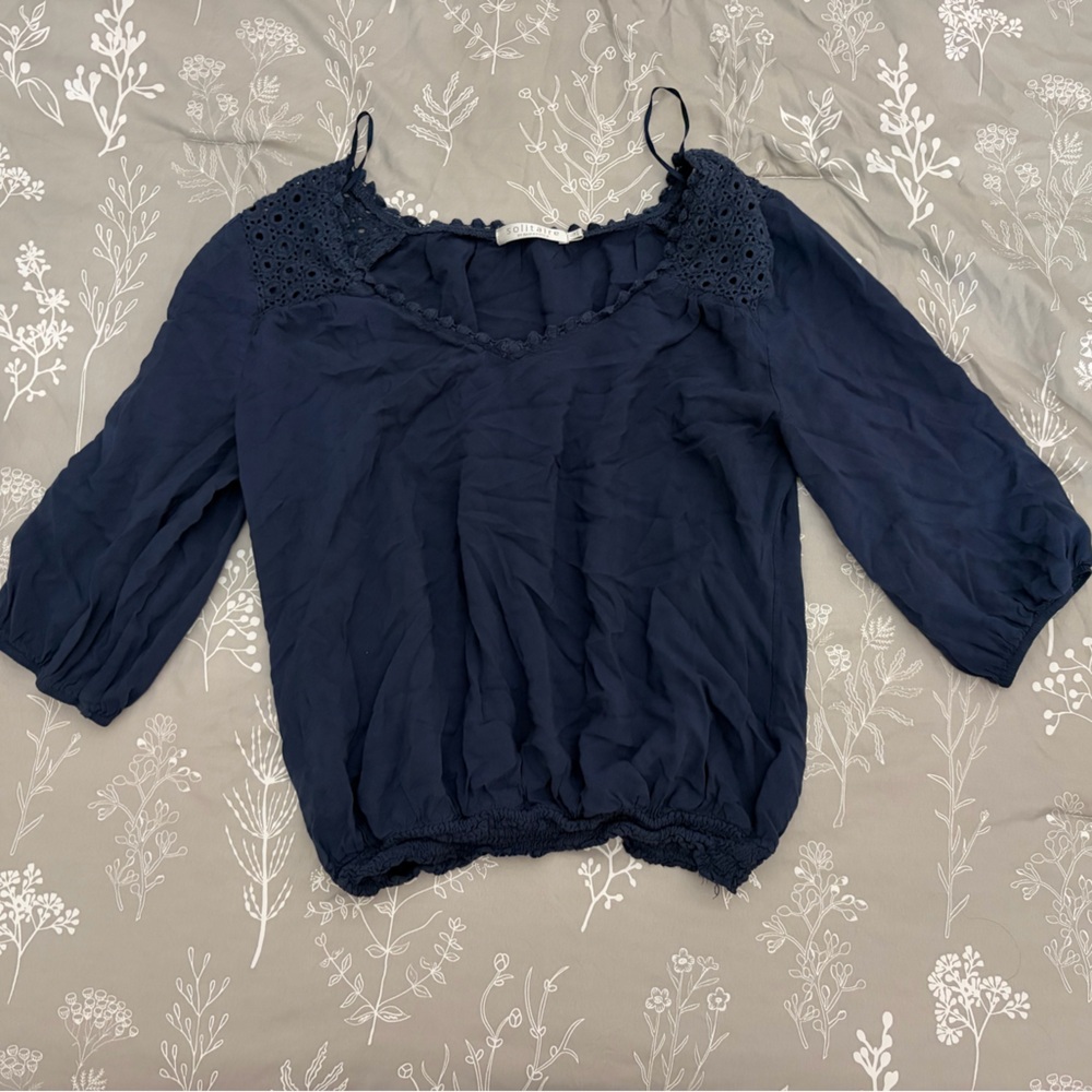 Solitaire Navy Blue Crochet-Trim Off-Shoulder Blouse
